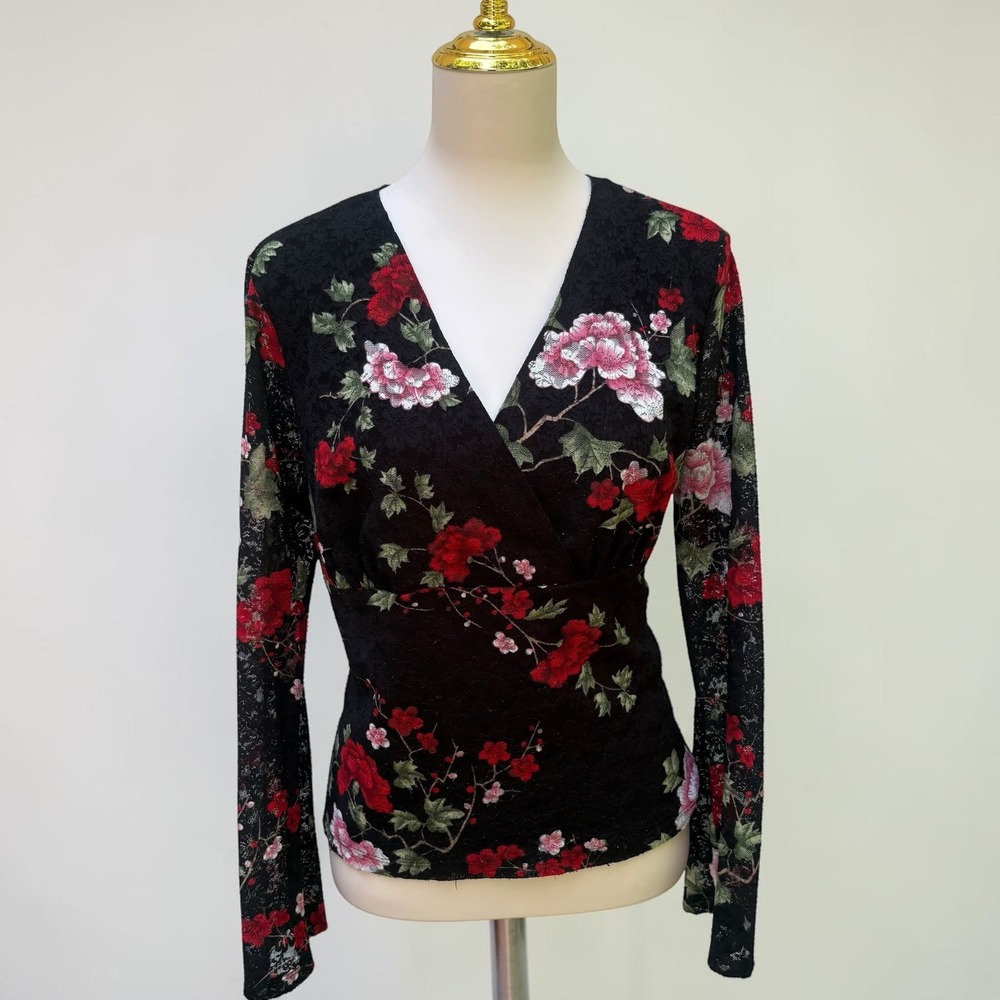 VTG Y2K Fashion Bug Floral Lace Top XL Black‎ Red Bell Sleeve Whimsigoth Vampy